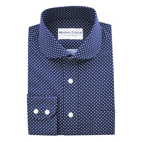 white dress shirt with blue dots